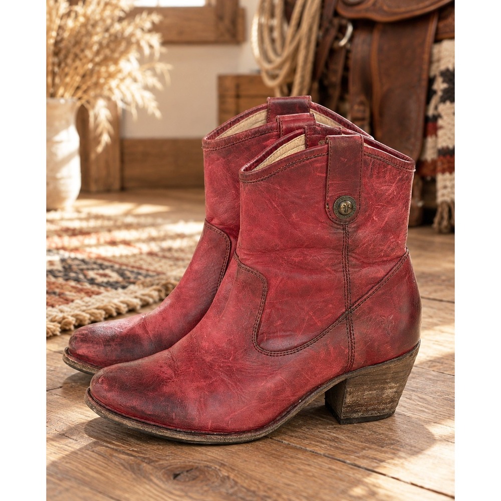 Frye Melissa Button Short Berry Red Leather Western Ankle Boots 3476593 Size 6.5
